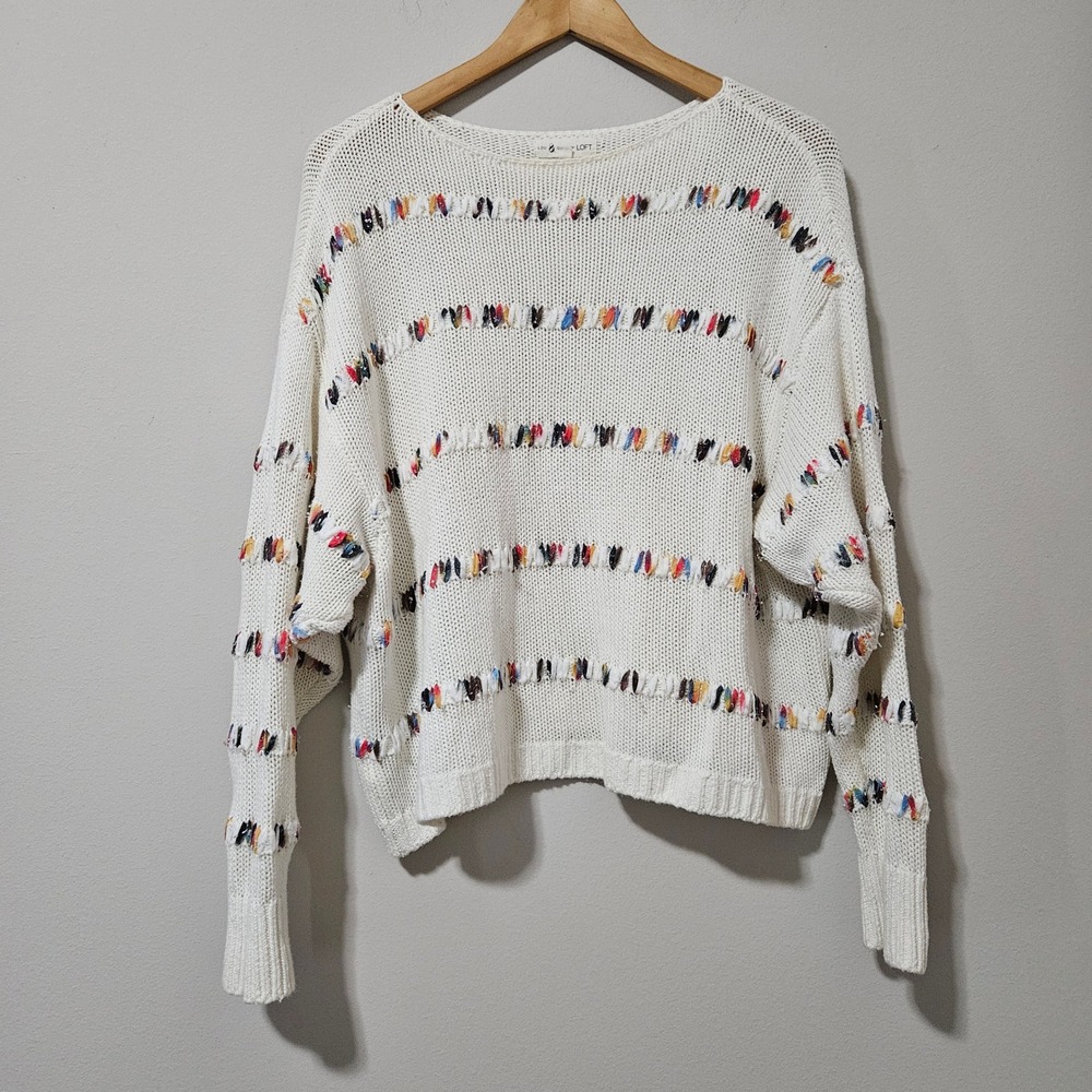 Lou & Grey for LOFT Cream Rainbow Confetti Striped Knit Sweater Medium